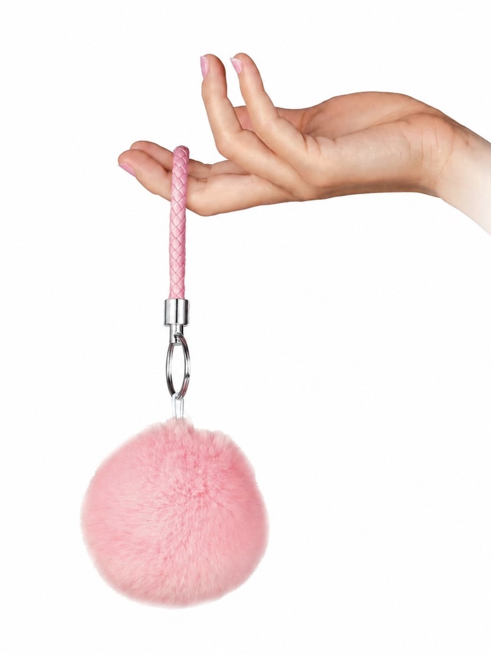 Mint Pink Faux Fur Pom Pom Keychain with Matching Braided Wrist Handle